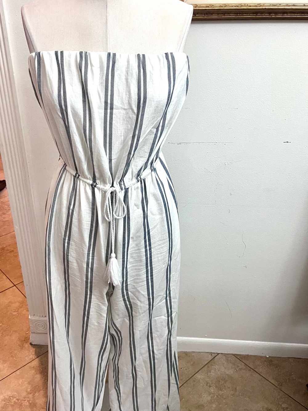Striped White Strapless Jumpsuit with Drawstring Waist